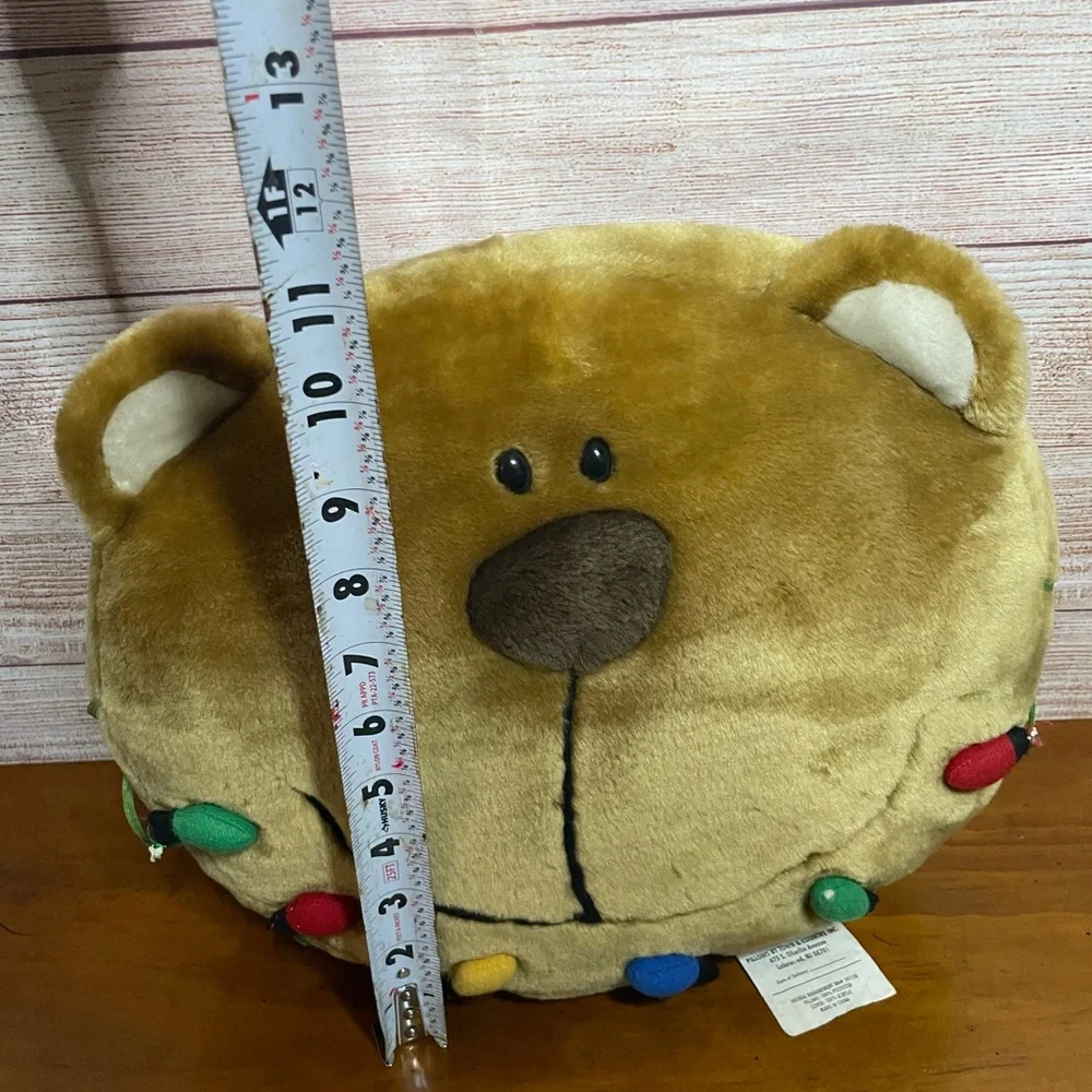Holiday Bear Pillow Christmas round colorful lights brown plush face animal